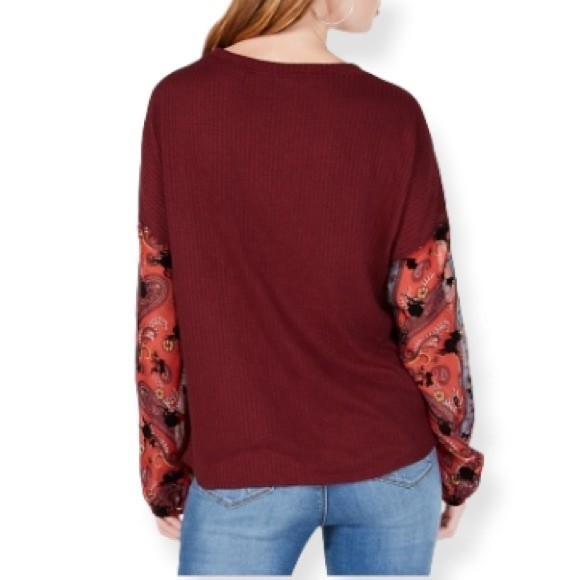 Gypsies & Moondust Top Thermal Waffle Knit Burgundy floral sheer Sleeve size M - Picture 3 of 12